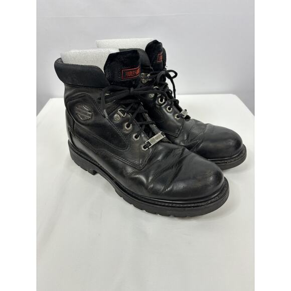 Harley Davidson Lace Up Ankle Boots Black Leather 11.5 Lug Sole Pewter Logo - Picture 1 of 11